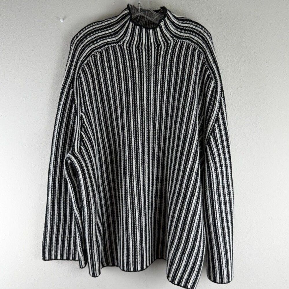New H&M Edition 100% Pure Wool Medium Striped Sweater Mock Neck Retro Pullover